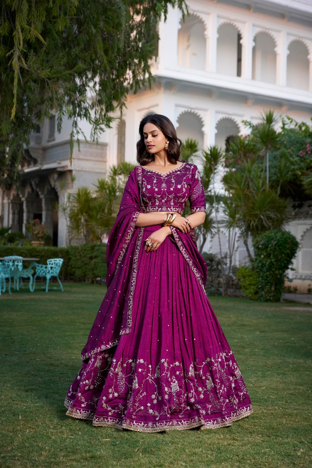 Wine Colour Vichitra Silk Lehenga Choli with Dupatta