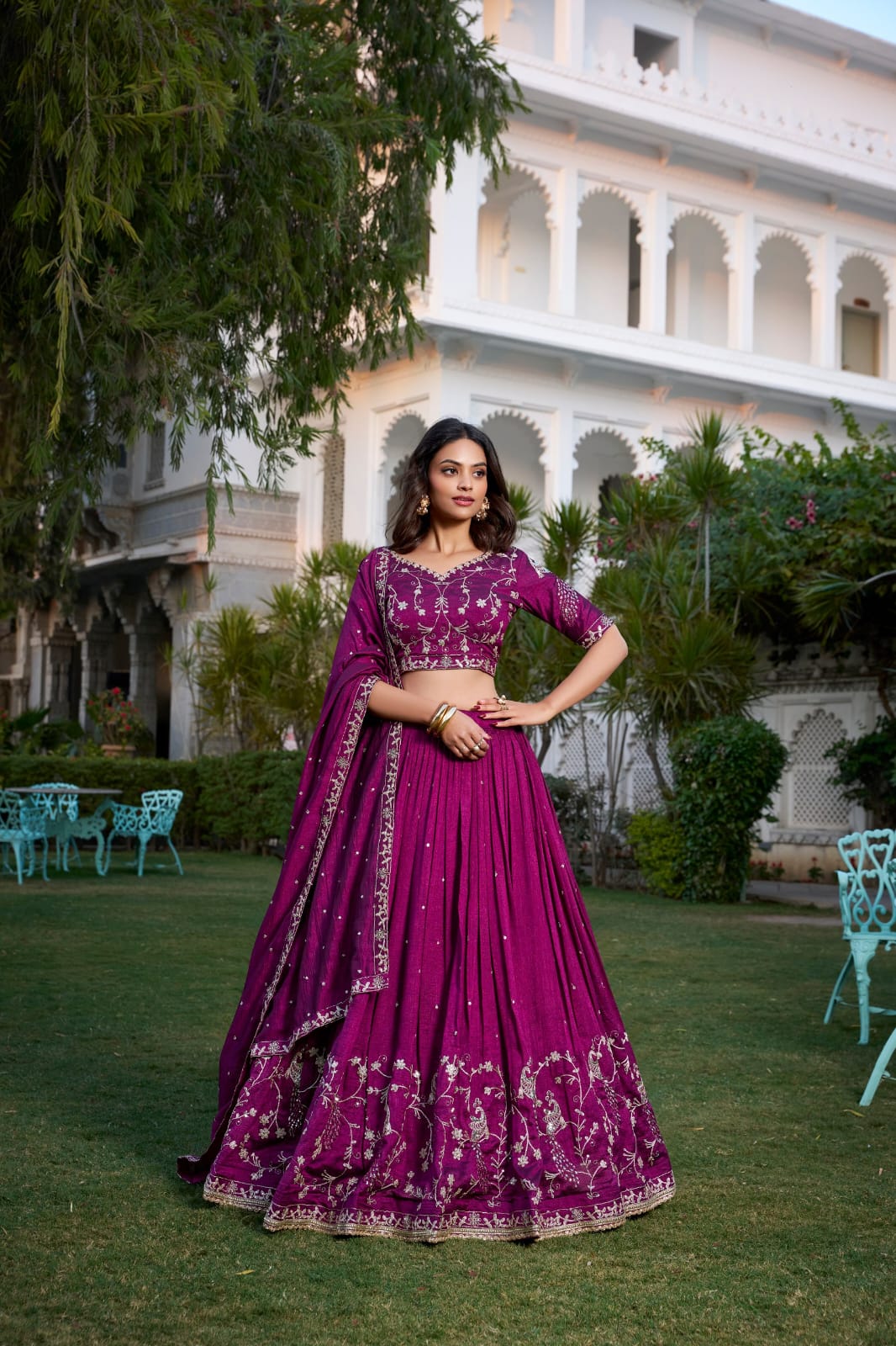 Wine Colour Vichitra Silk Lehenga Choli with Dupatta