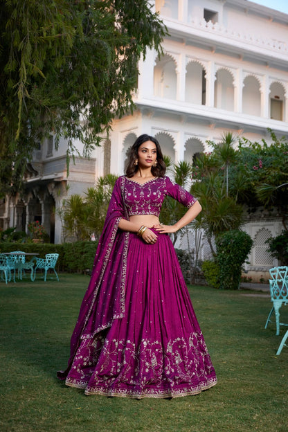 Wine Colour Vichitra Silk Lehenga Choli with Dupatta