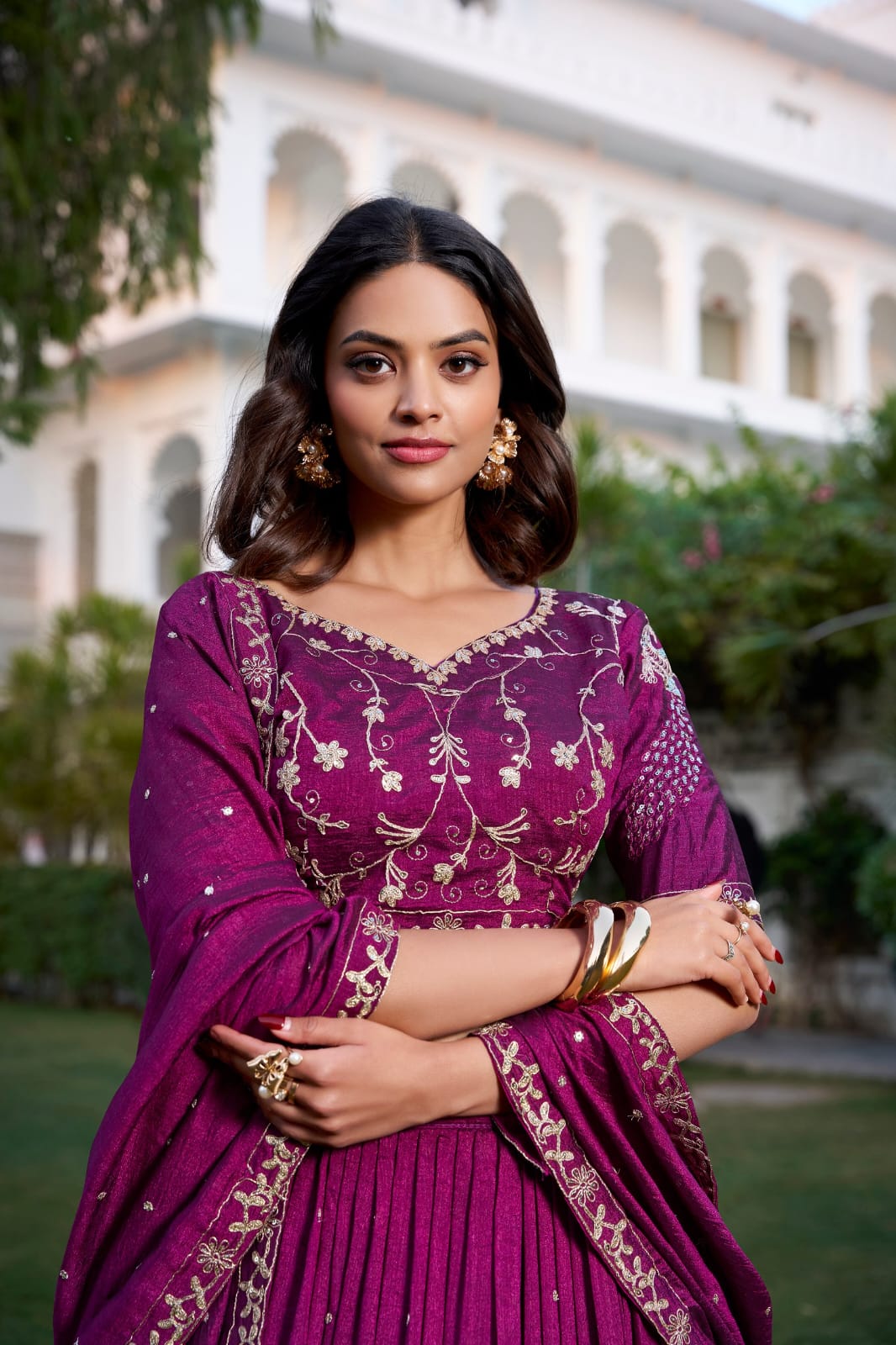 Wine Colour Vichitra Silk Lehenga Choli with Dupatta