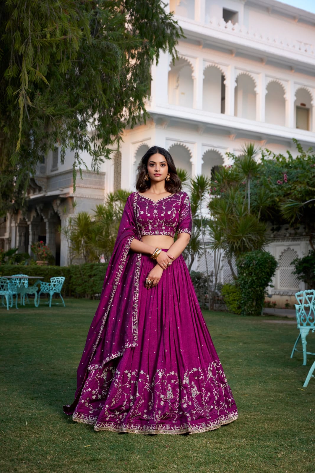 Wine Colour Vichitra Silk Lehenga Choli with Dupatta