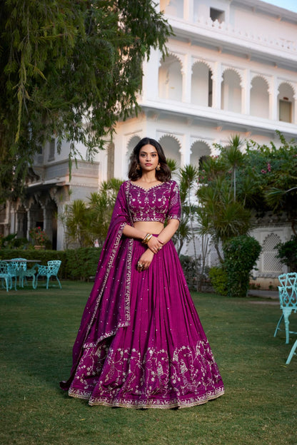 Wine Colour Vichitra Silk Lehenga Choli with Dupatta