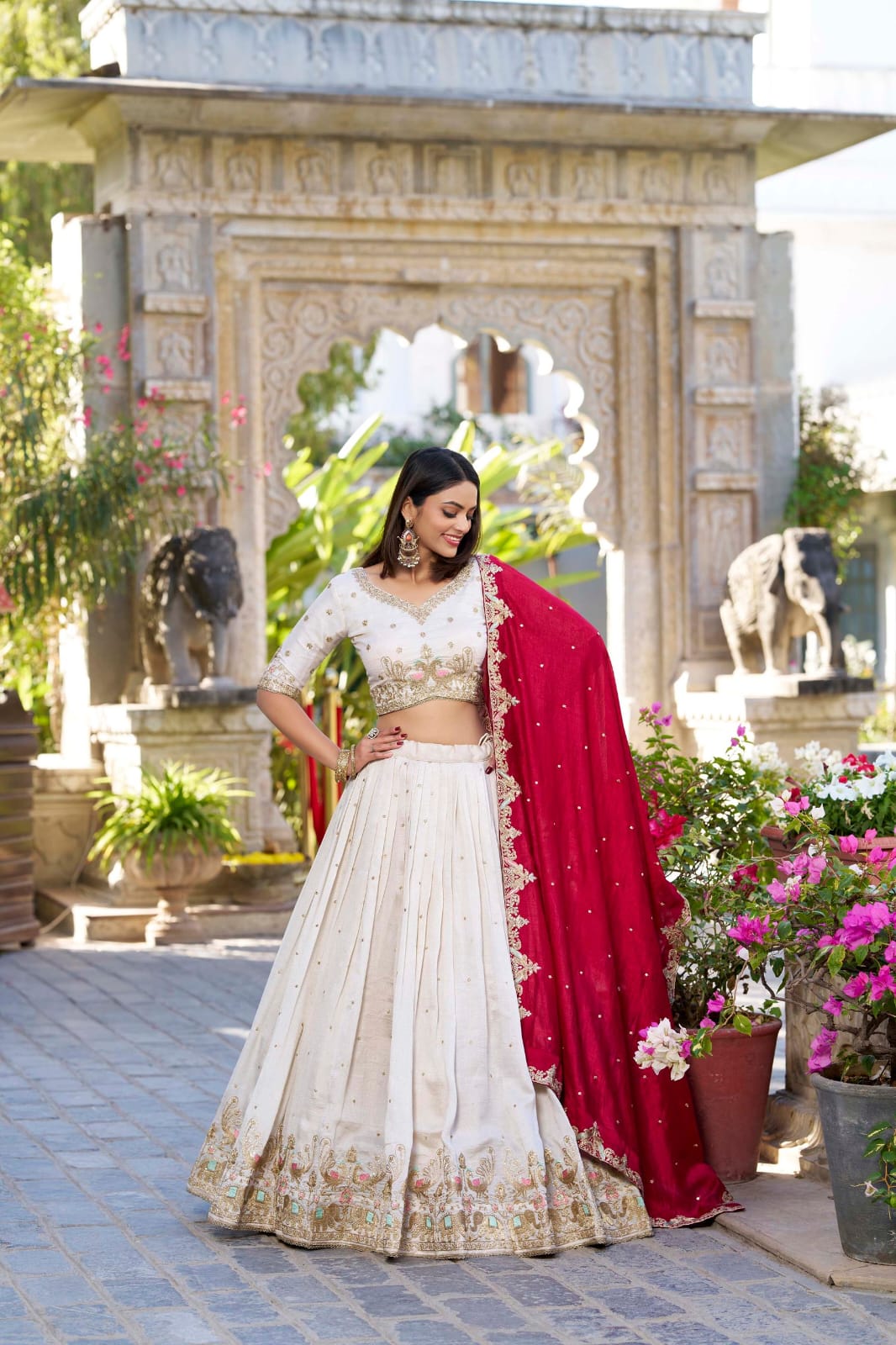 White Color Vichitra Silk Designer Bridesmaid Lehenga Choli with Dupatta