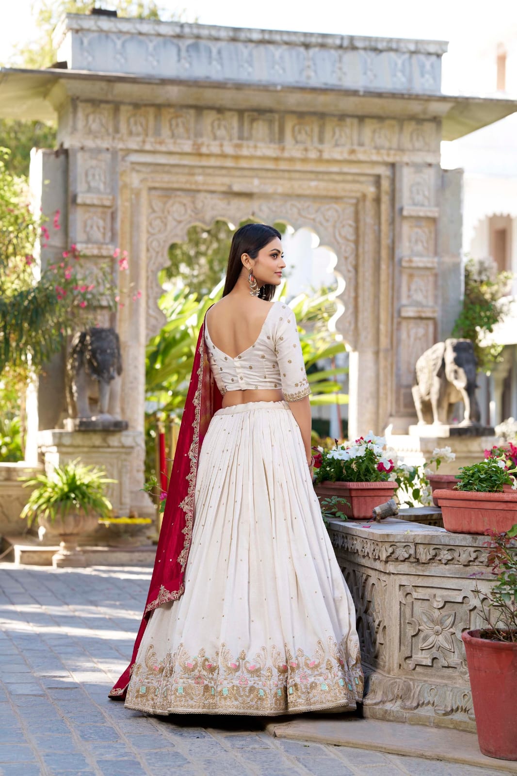 White Color Vichitra Silk Designer Bridesmaid Lehenga Choli with Dupatta