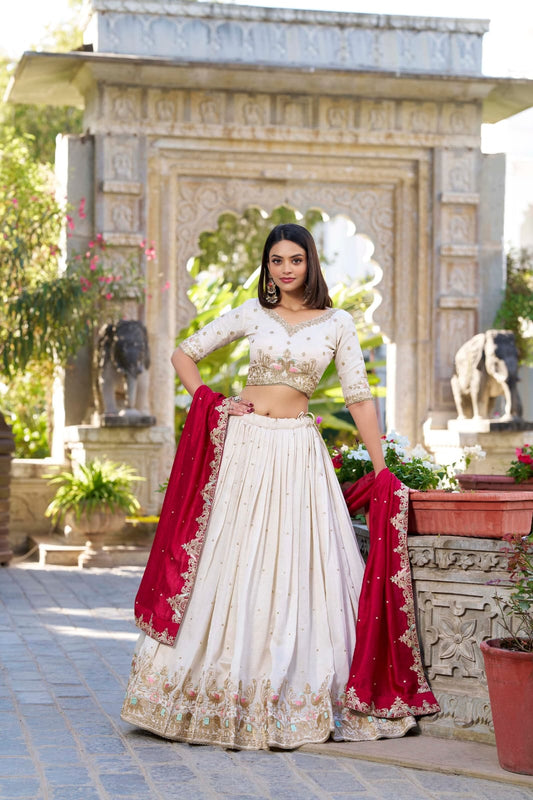 White Color Vichitra Silk Designer Bridesmaid Lehenga Choli with Dupatta