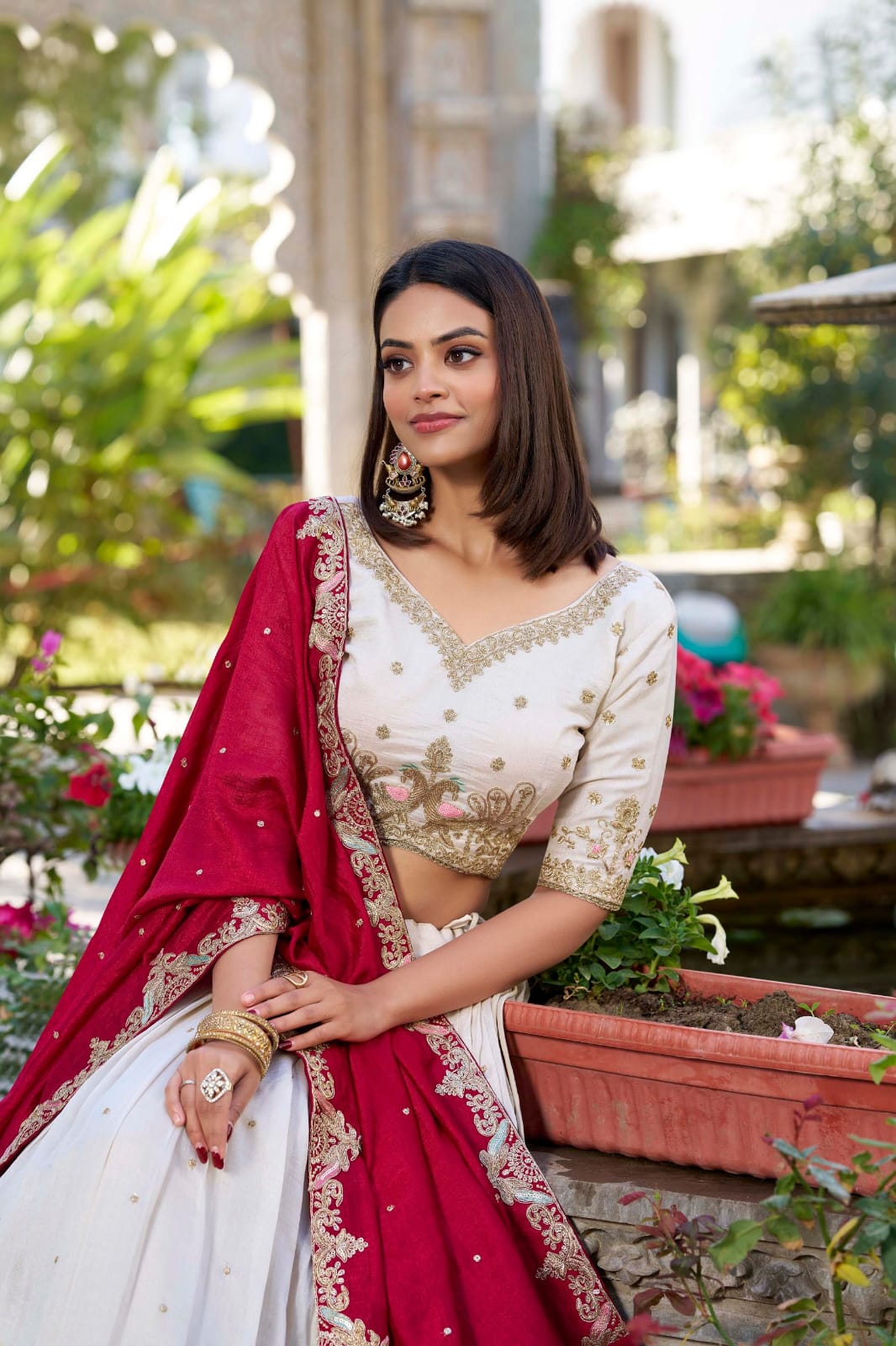 White Color Vichitra Silk Designer Bridesmaid Lehenga Choli with Dupatta