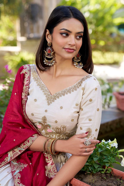 White Color Vichitra Silk Designer Bridesmaid Lehenga Choli with Dupatta
