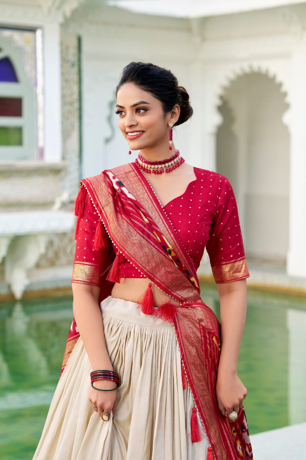 White Color Tussar Silk Patola Print Lehenga Choli with Dupatta With foil work border