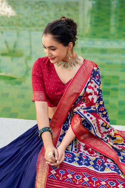 Navy Blue Color Tussar Silk Patola Print Lehenga Choli with Dupatta With foil work border