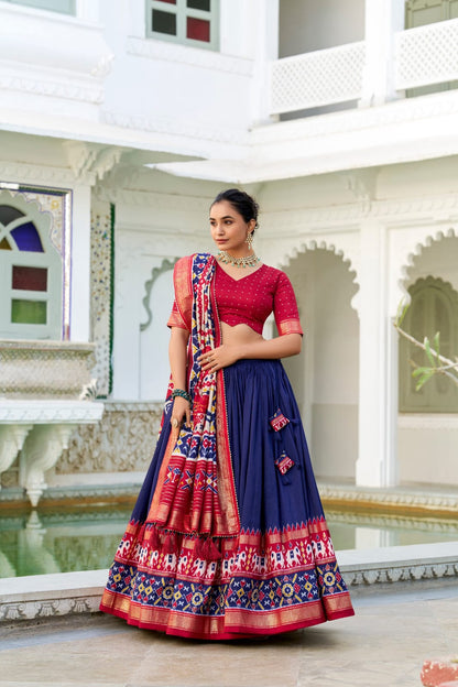 Navy Blue Color Tussar Silk Patola Print Lehenga Choli with Dupatta With foil work border