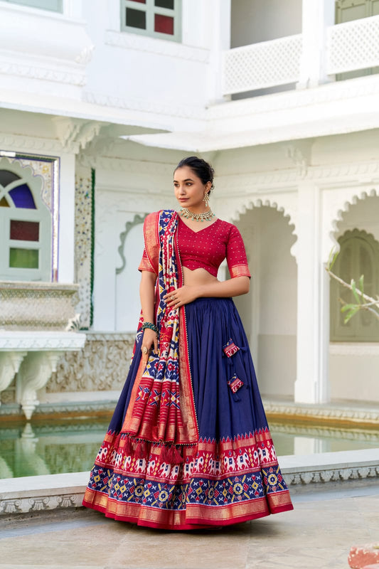 Navy Blue Color Tussar Silk Patola Print Lehenga Choli with Dupatta With foil work border