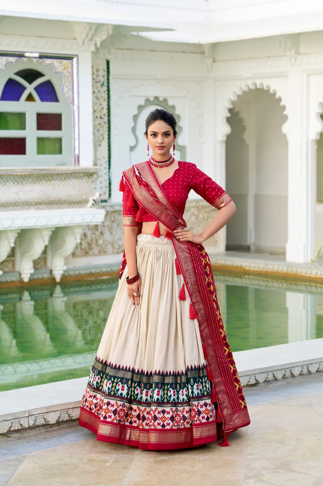 White Color Tussar Silk Patola Print Lehenga Choli with Dupatta With foil work border