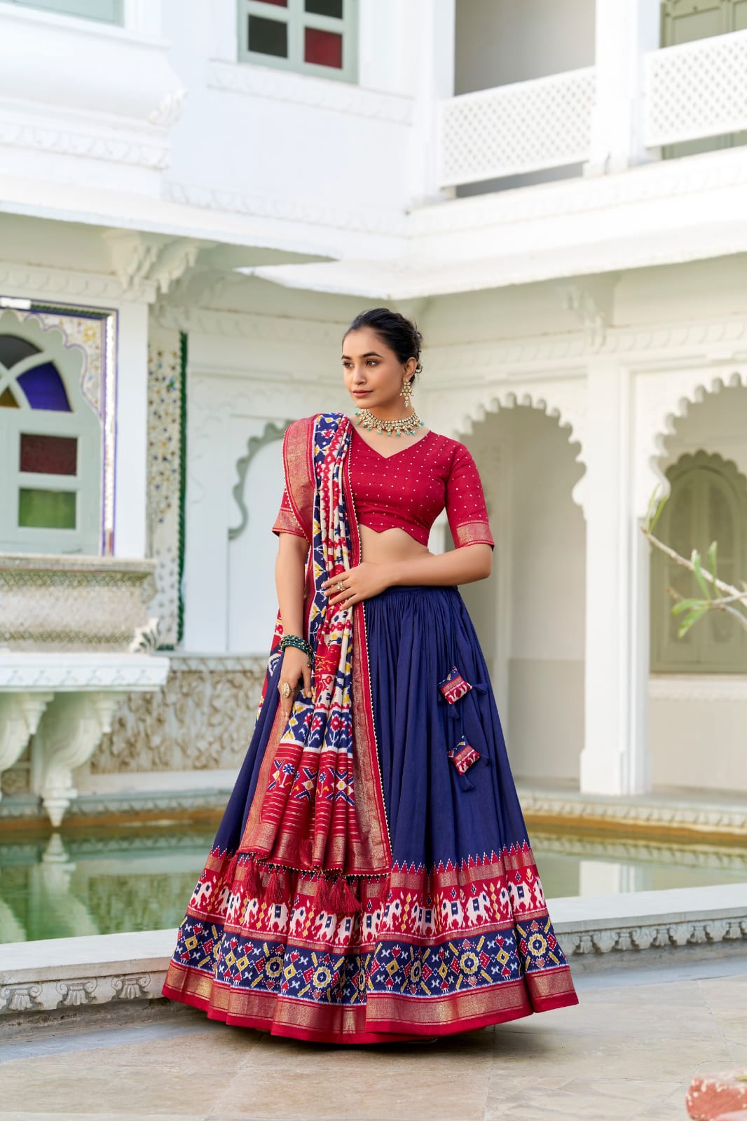 Navy Blue Color Tussar Silk Patola Print Lehenga Choli with Dupatta With foil work border