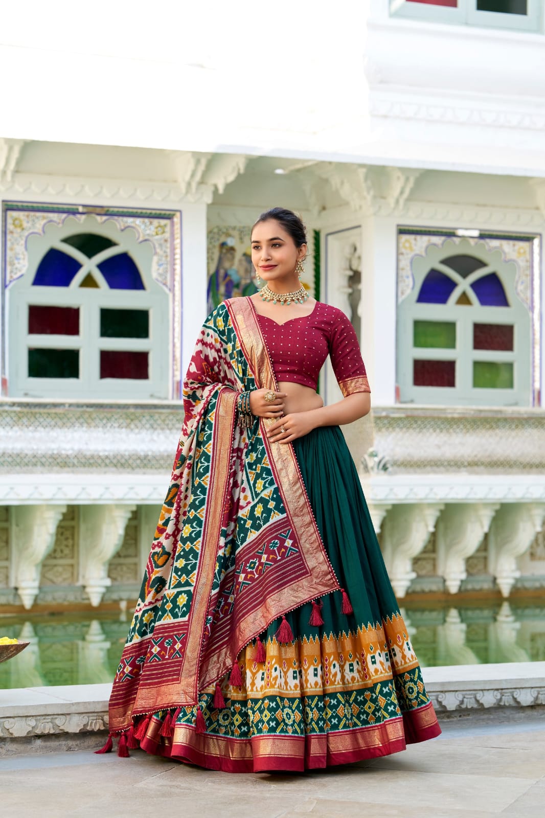 Green Color Tussar Silk Patola Print Lehenga Choli with Dupatta With foil work border