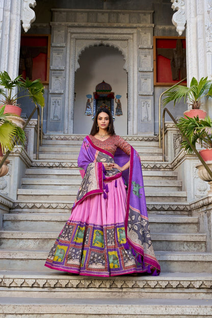 Tussar Silk Kalamkari Print Lehenga Choli   with Foil work