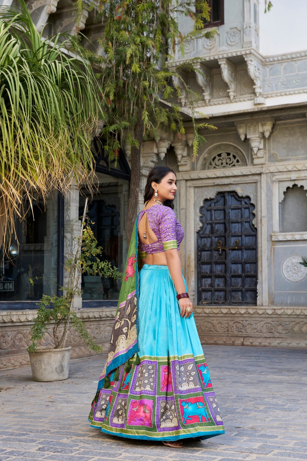 Tussar Silk Kalamkari Print Lehenga Choli   with Foil work