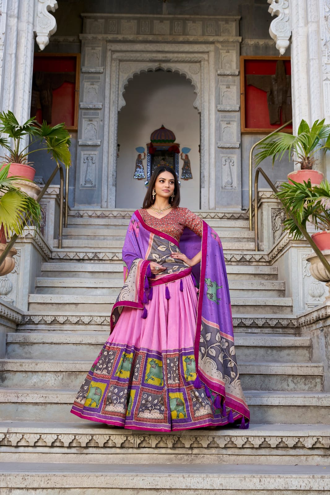 Tussar Silk Kalamkari Print Lehenga Choli   with Foil work