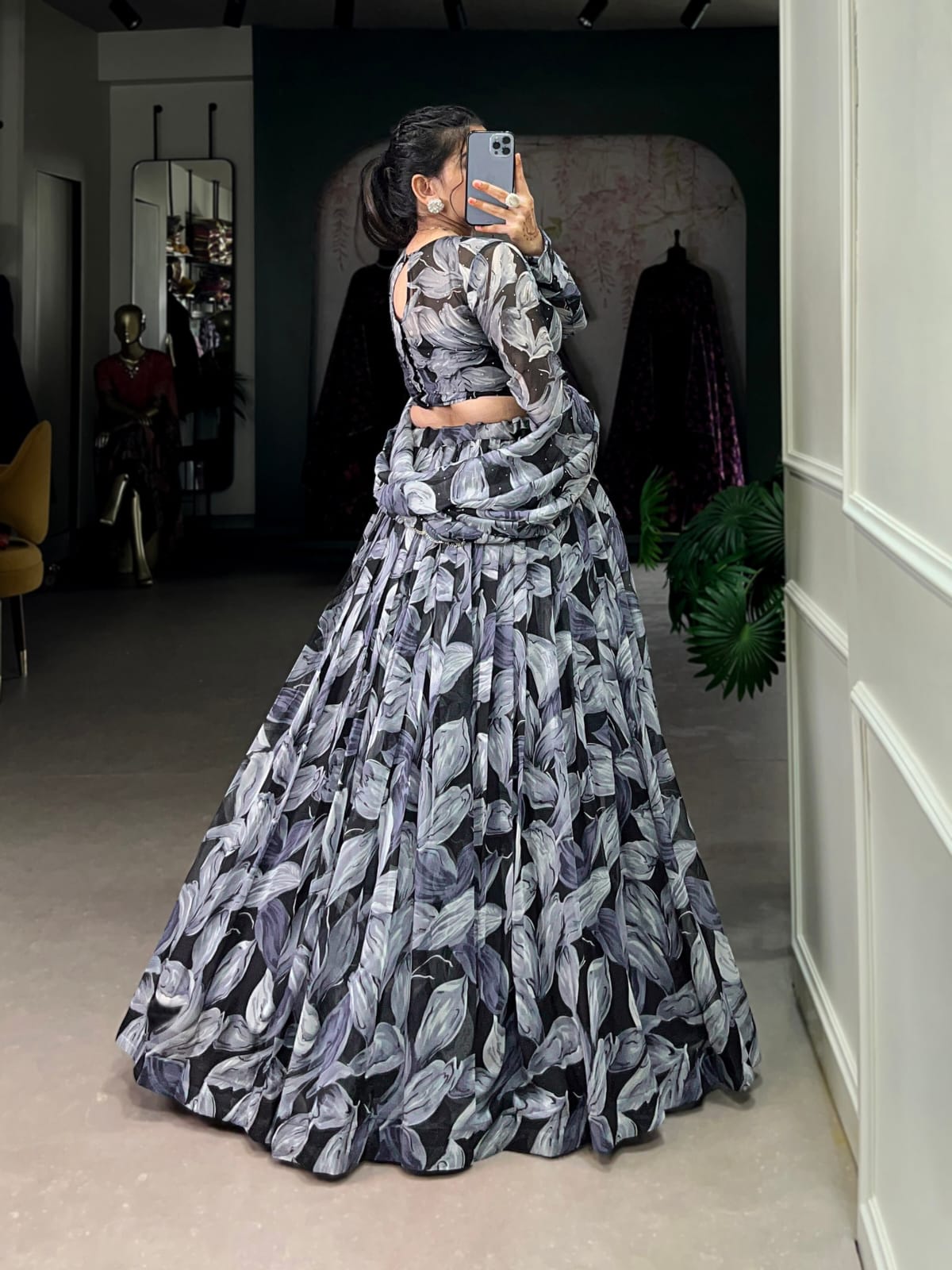 Floral Printed Tabby Silk Lehenga Choli with Full Sleeves Blouse
