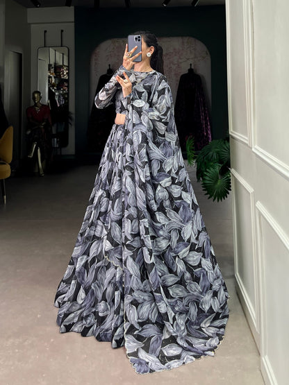 Floral Printed Tabby Silk Lehenga Choli with Full Sleeves Blouse