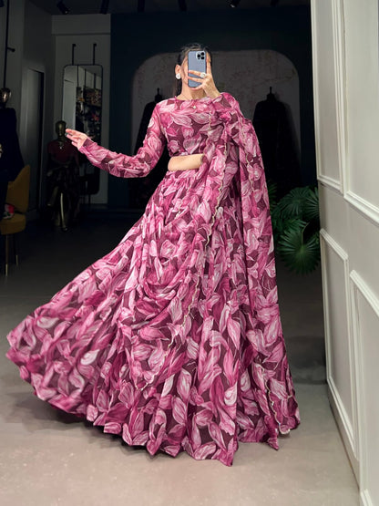 Floral Printed Tabby Silk Lehenga Choli with Full Sleeves Blouse