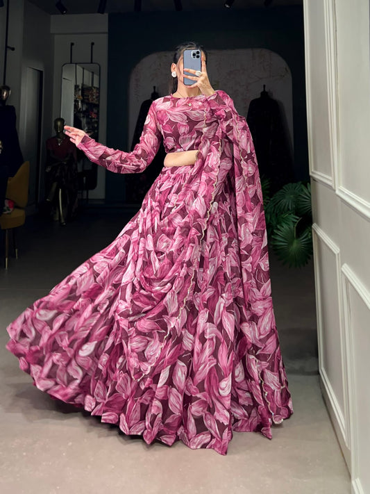 Floral Printed Tabby Silk Lehenga Choli with Full Sleeves Blouse