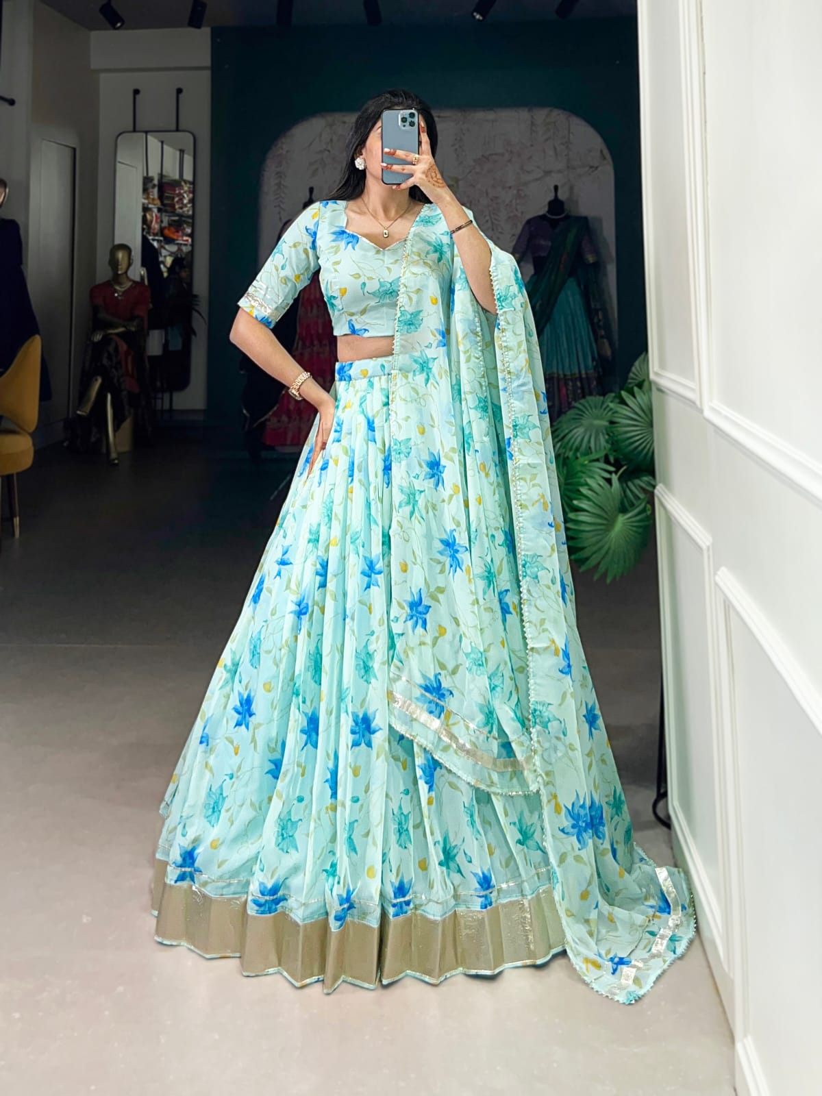 Floral Printed Tabby Silk Lehenga Choli