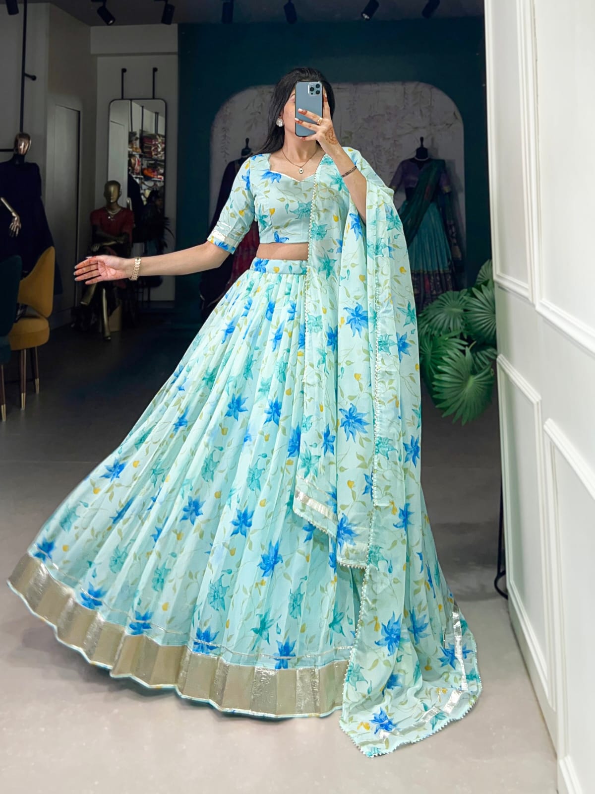 Floral Printed Tabby Silk Lehenga Choli