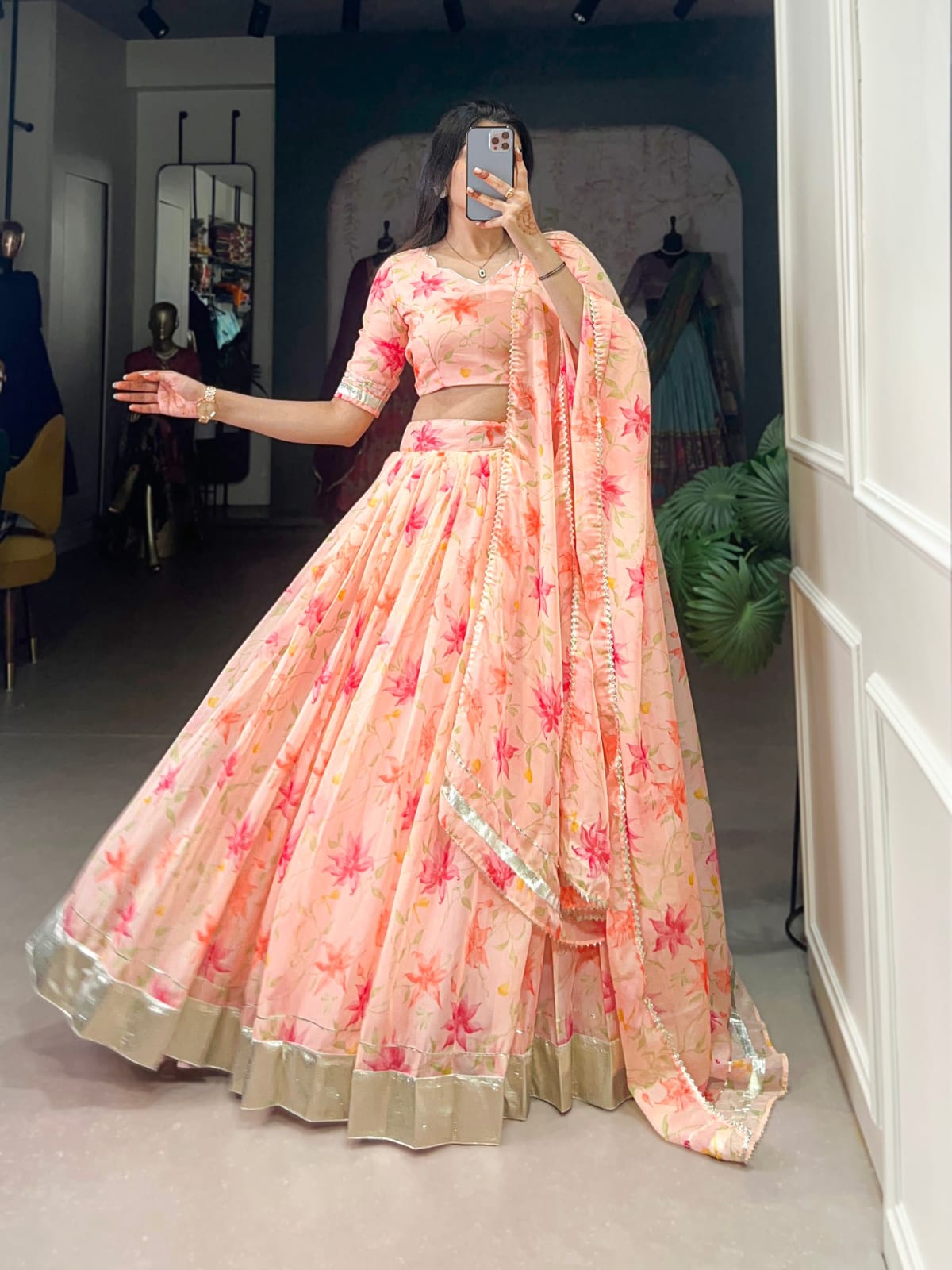 Floral Printed Tabby Silk Lehenga Choli