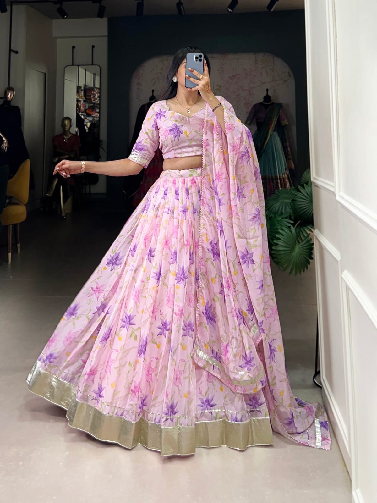 Floral Printed Tabby Silk Lehenga Choli