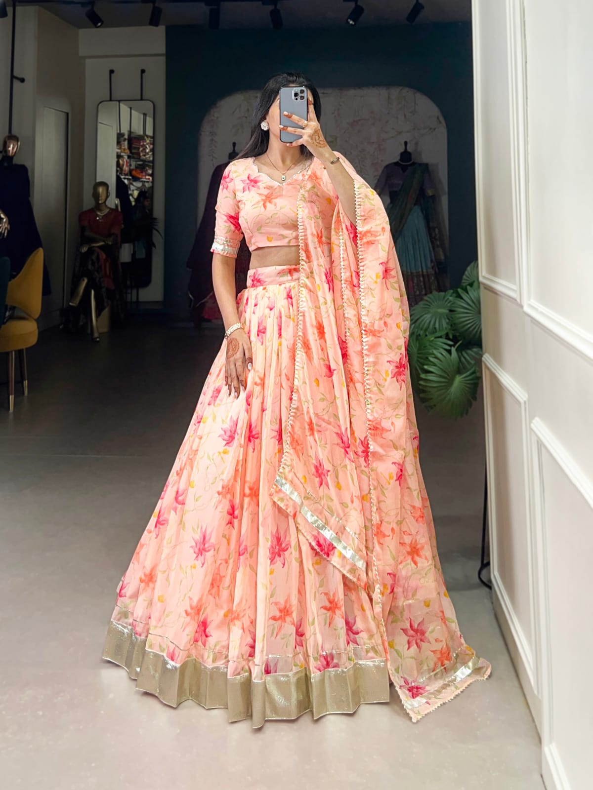 Floral Printed Tabby Silk Lehenga Choli