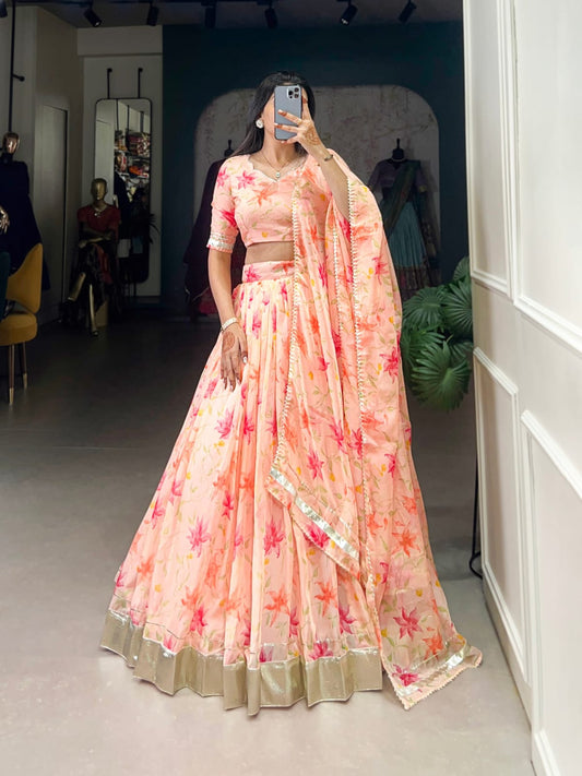 Floral Printed Tabby Silk Lehenga Choli