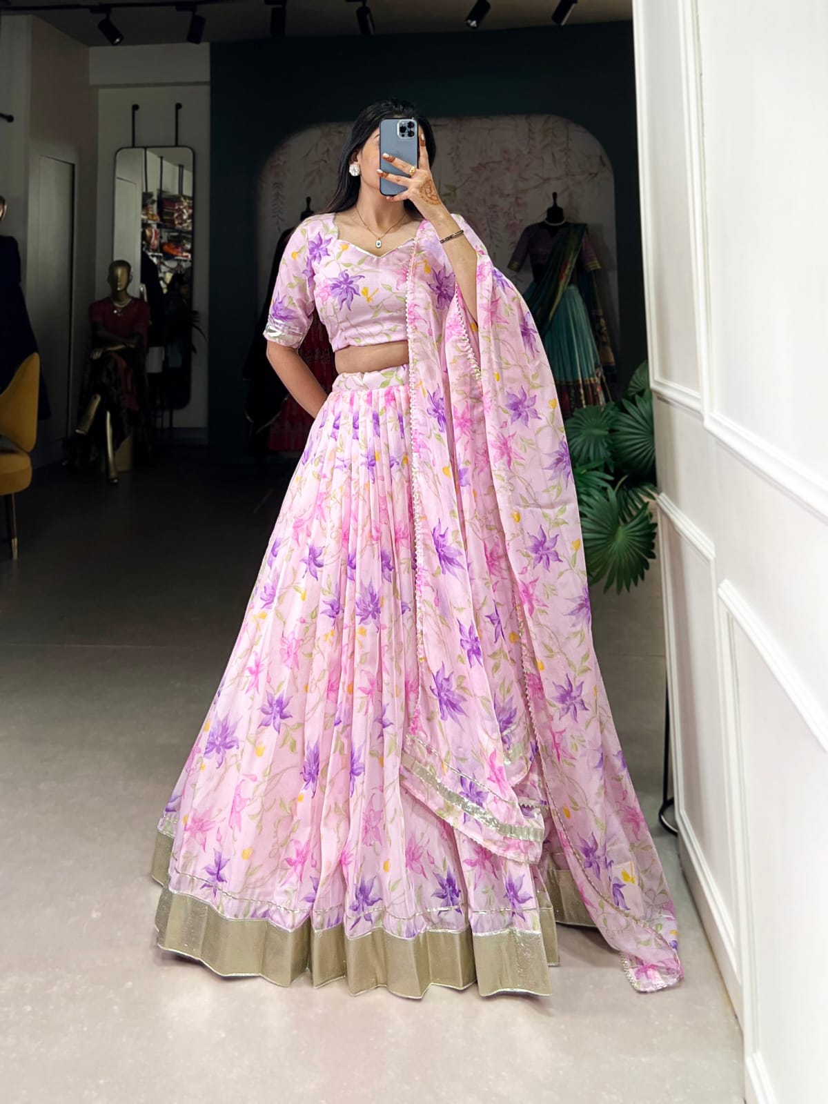 Floral Printed Tabby Silk Lehenga Choli