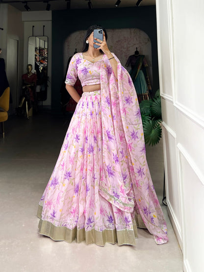 Floral Printed Tabby Silk Lehenga Choli