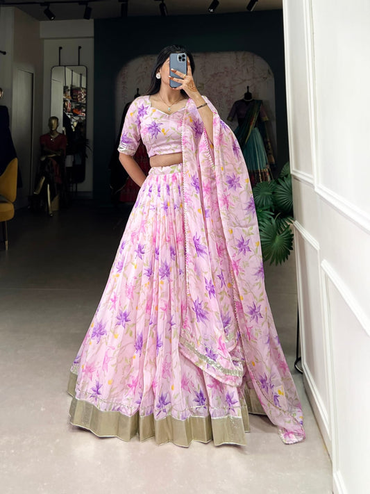 Floral Printed Tabby Silk Lehenga Choli
