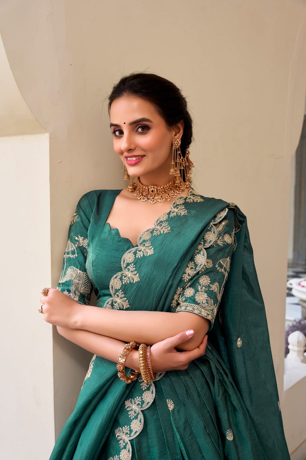 Gold Crush Sequins and Thread Embroidery work Party Wear Lehenga Choli