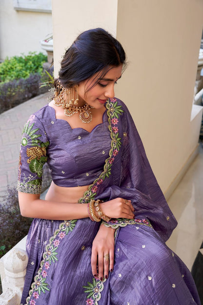 Gold Crush Sequins and Thread Embroidery work Party Wear Lehenga Choli