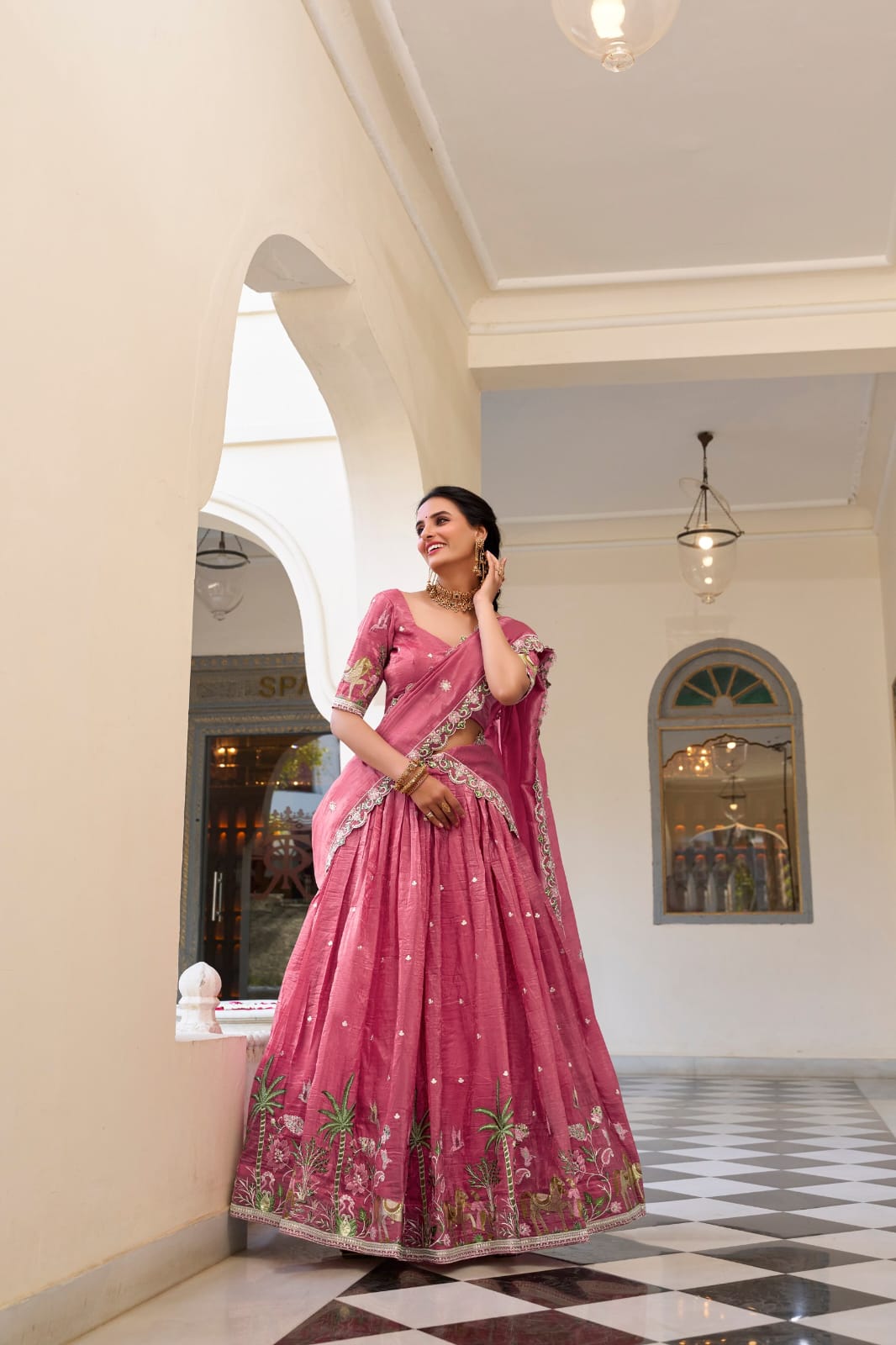Gold Crush Sequins and Thread Embroidery work Party Wear Lehenga Choli