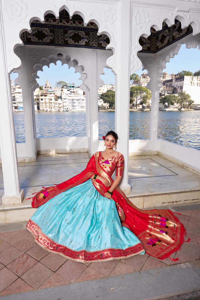 Sky Blue Jacquard Silk Lehenga Choli with Heavy Zari Work
