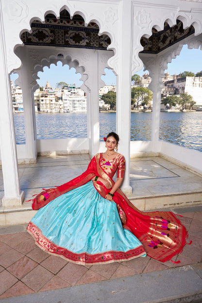 Sky Blue Jacquard Silk Lehenga Choli with Heavy Zari Work