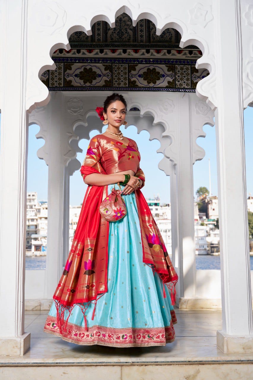 Sky Blue Jacquard Silk Lehenga Choli with Heavy Zari Work