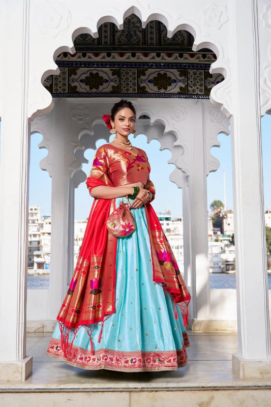 Sky Blue Jacquard Silk Lehenga Choli with Heavy Zari Work