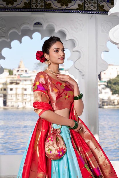 Sky Blue Jacquard Silk Lehenga Choli with Heavy Zari Work