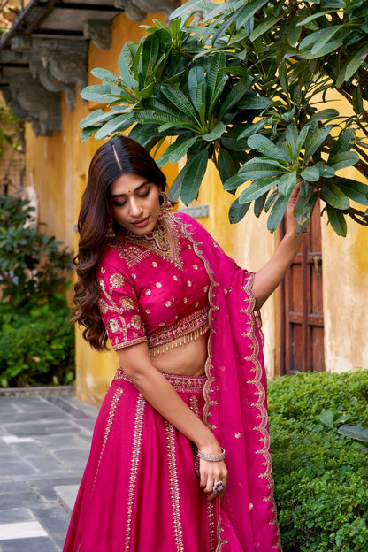 Heavy Embroidery work Designer Rani Pink Lehenga Set