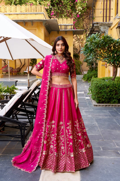 Heavy Embroidery work Designer Rani Pink Lehenga Set