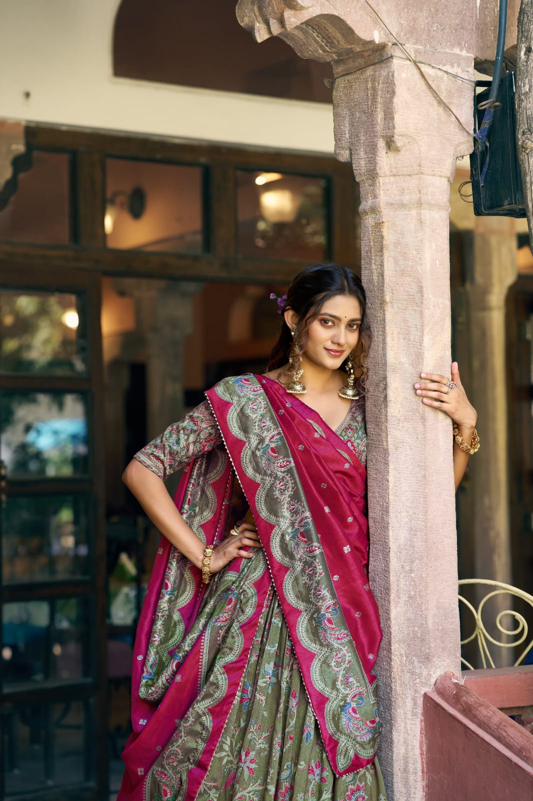 Elegant Bottle Green Floral and Foil Print Tasar Silk Lehenga Choli