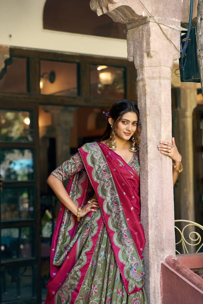 Elegant Bottle Green Floral and Foil Print Tasar Silk Lehenga Choli