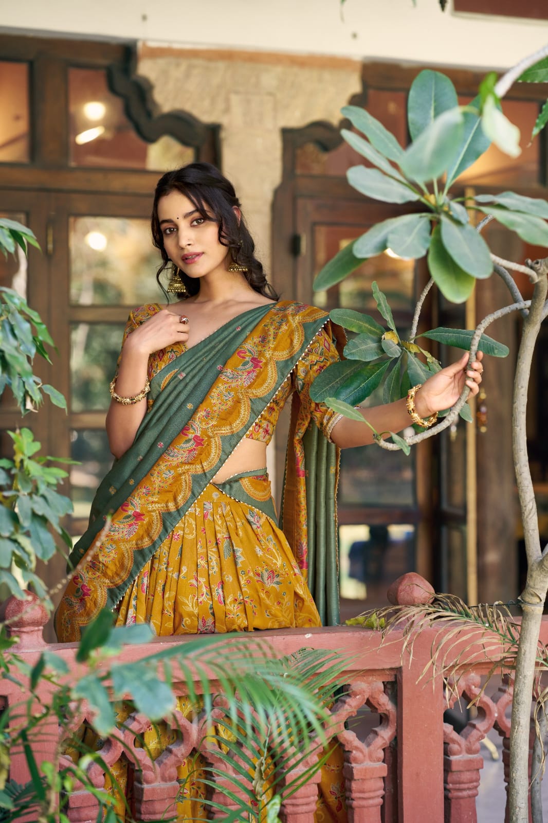 Elegant Mustard Yellow Floral and Foil Print Tasar Silk Lehenga Choli