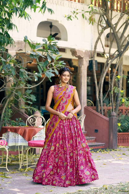Elegant Pink Floral and Foil Print Tasar Silk Lehenga Choli