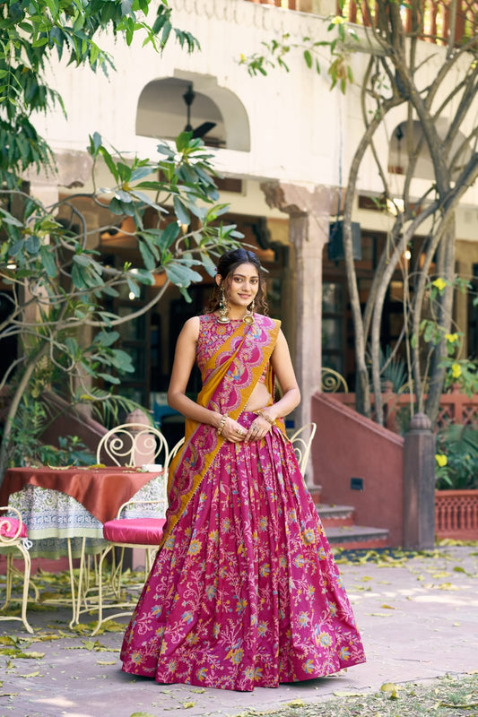 Elegant Pink Floral and Foil Print Tasar Silk Lehenga Choli