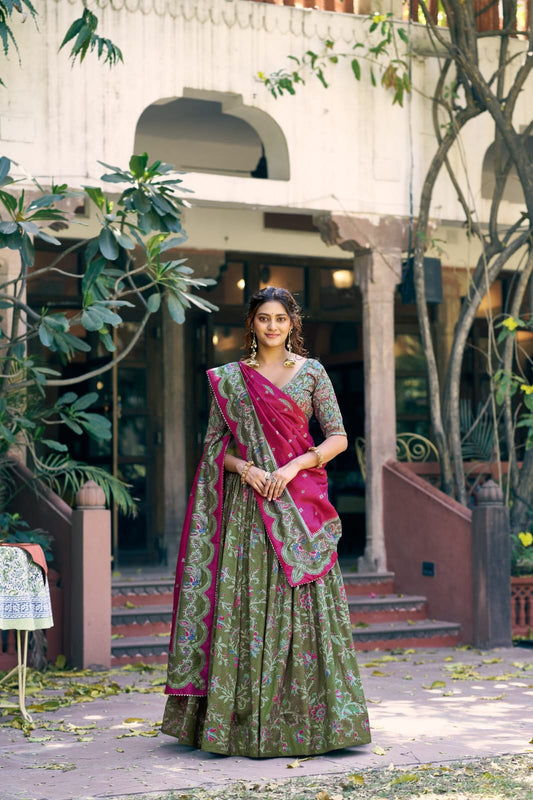 Elegant Bottle Green Floral and Foil Print Tasar Silk Lehenga Choli